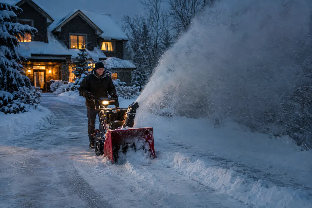 Operator snow blowing a driveway