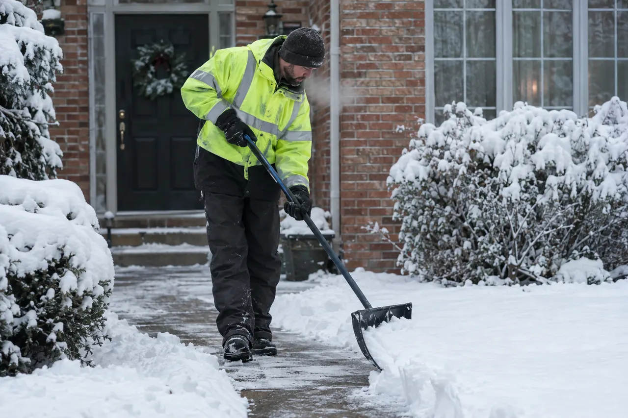 Crew member shoveling a walkway