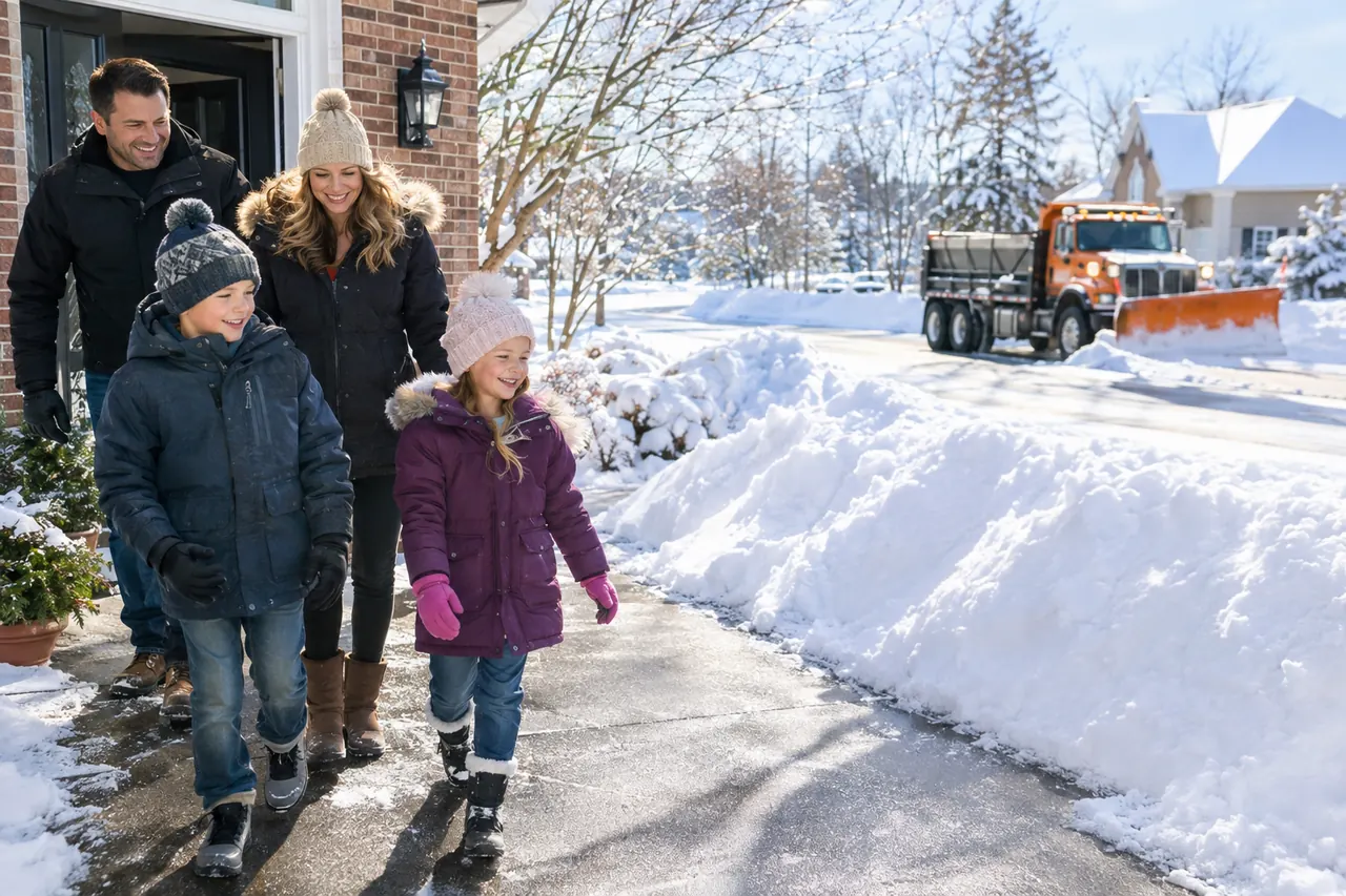 Family walking on a freshly plowed driveway