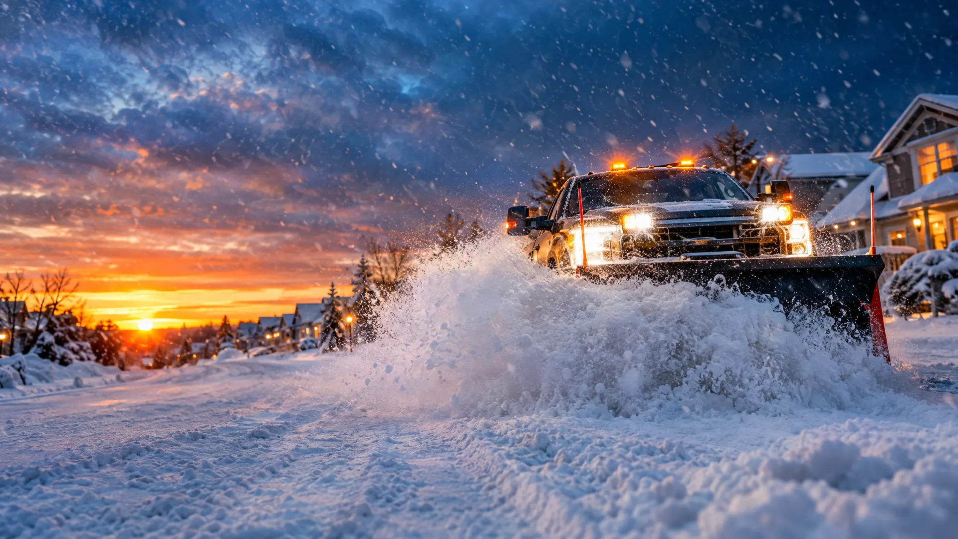 Plow truck pushing snow at sunset