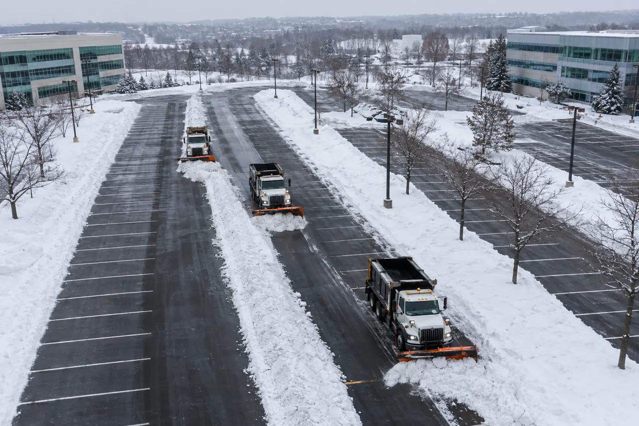 Plow trucks clearing a commercial parking lot